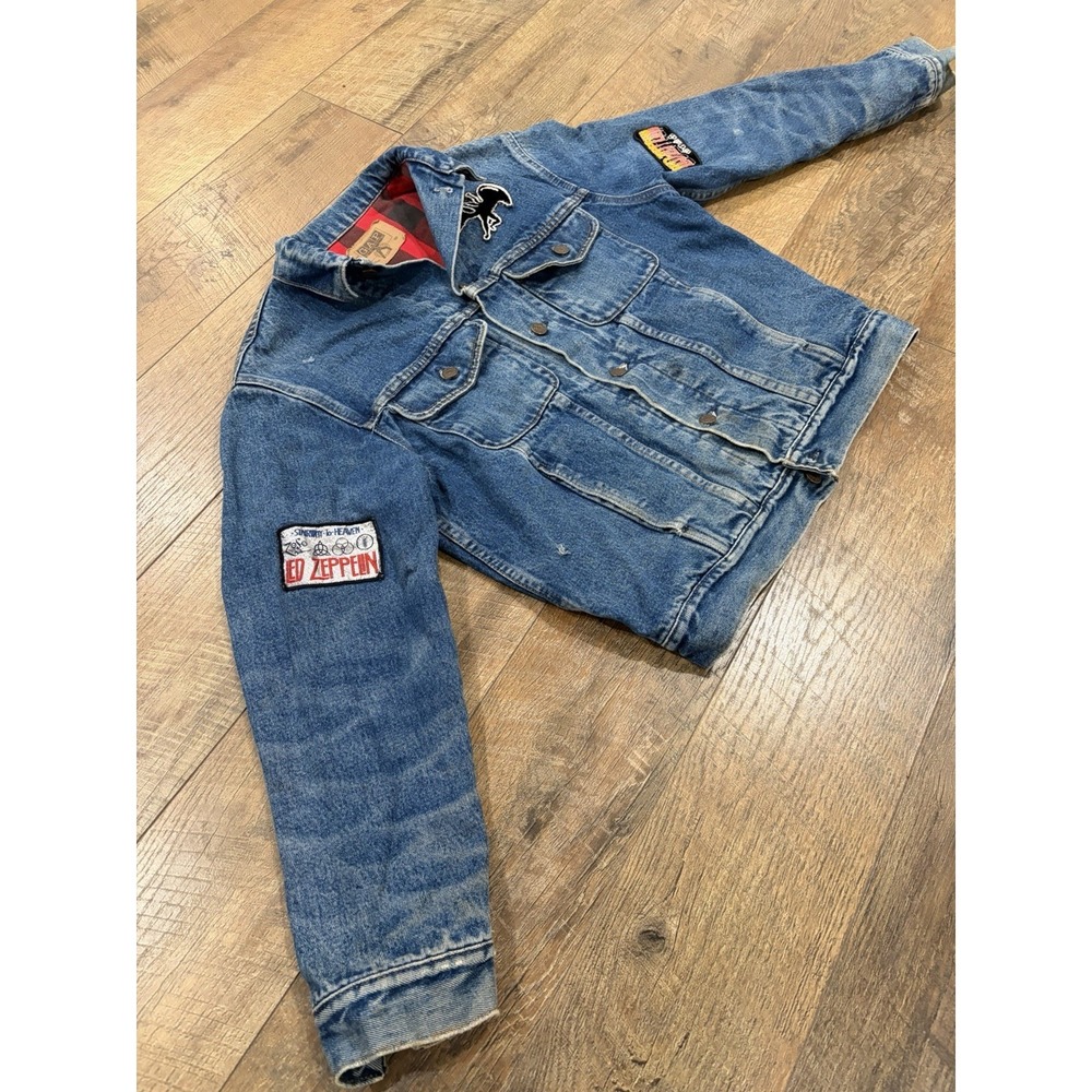 Vintage 80s 90s Led Zeppelin GAP Plaid Lined Denim Trucker Jacket Small Blue USA - Picture 2 of 12